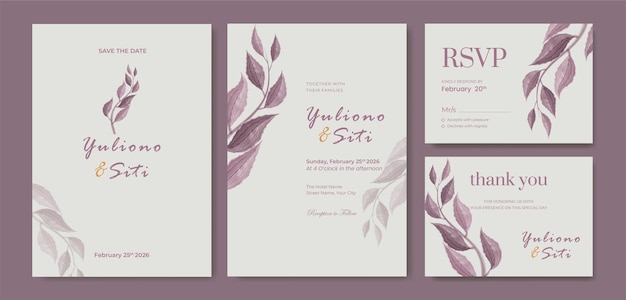 beautiful purple leaves watercolor double side wedding invitation template premium vector