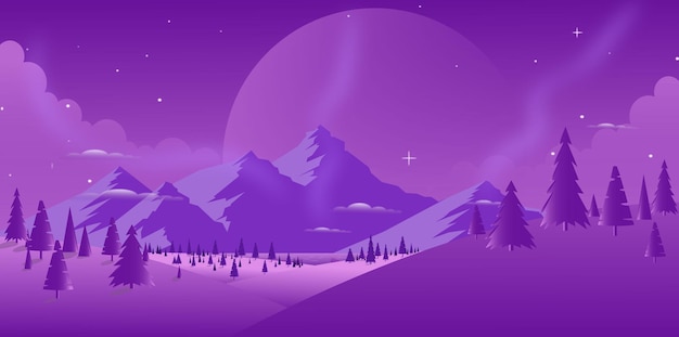 A beautiful purple night calmness wallpaper with moon on hills