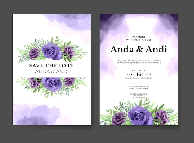 Beautiful purple rose flower wedding invitation card template