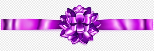 Beautiful purple shiny bow with horizontal ribbon with shadow on transparent background