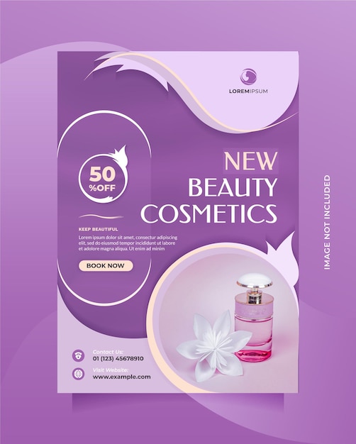 Vettore bellissimo volantino modello viola e brochure con formato a4 per la vendita di cosmetici e prodotti di bellezza