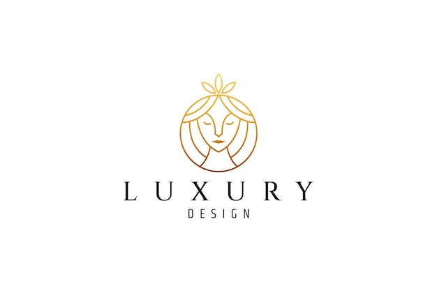 Bellissimo logo della regina con corona in cornice circolare avvolta in colore oro lussuoso ed elegante