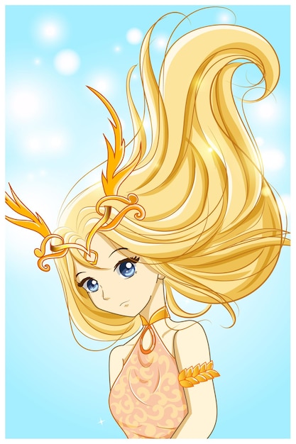 Vector beautiful queen with gold hair and gold horn crown illustration