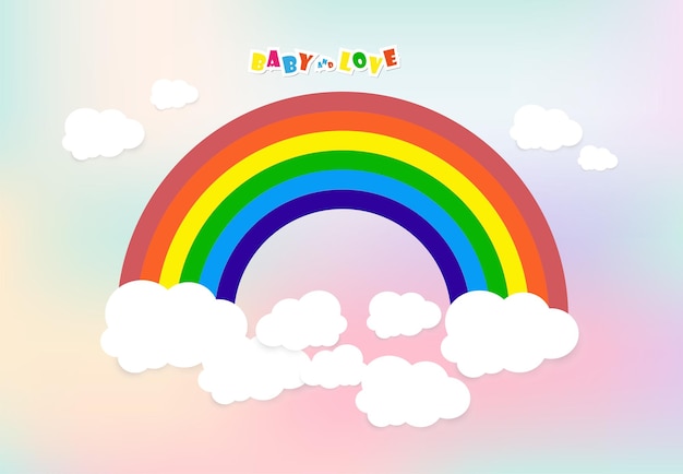 Bellissimo arcobaleno e nuvole bianche lisce con spazio per i bambini del testo e il design del banner del concetto di amore