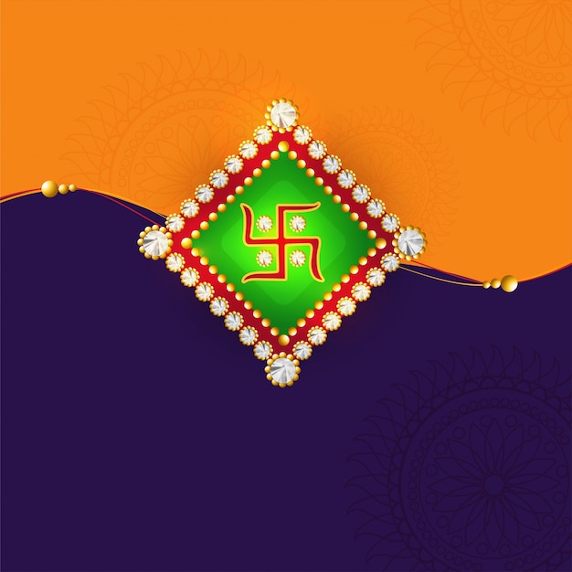 オレンジと紫の背景に美しいRakhi、Raksha Bandhanのお祝いのためのエレガントなグリーティングカードのデザイン。
