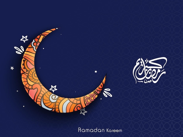 Beautiful Ramadan Kareem Arabic Calligraphy with Ornament Crescent Moon Illustration on Blue Islamic Festival Background Cab Be Used Design as Greeting Card