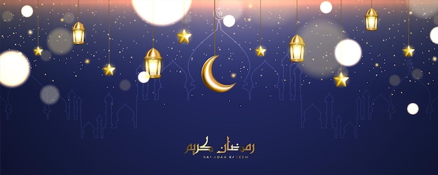 Beautiful ramadan kareem background with arabic calligraphy and falling glitter particles