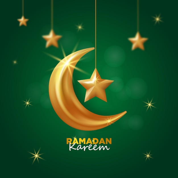 Beautiful ramadan kareem greeting card with golden crescent moon and star