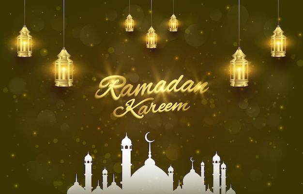 Beautiful ramadan kareem illustration banner with shiny luxury light islamic ornament and abstract gradient green and brown background design