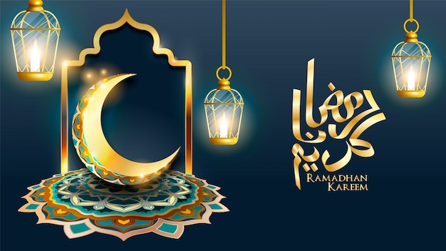 Beautiful Ramadan Kareem islamic greeting card with crescent moon and mandala