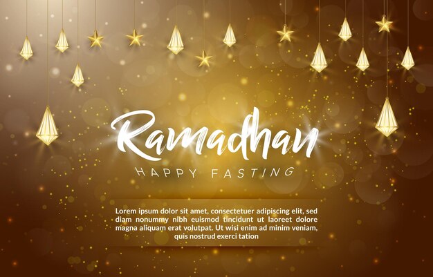 Beautiful ramadan kareem template banner with beautiful shiny light luxury islamic ornament and abstract brown yellow background design