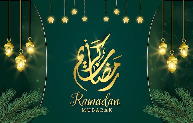 Beautiful ramadan mubarak 2023 with beautiful islamic ornament and abstract gradient green and golden background design