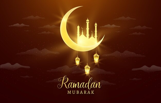 Beautiful ramadan mubarak illustration with beautiful shiny luxury light moon and mosque with abstract gradient red and golden islamic background