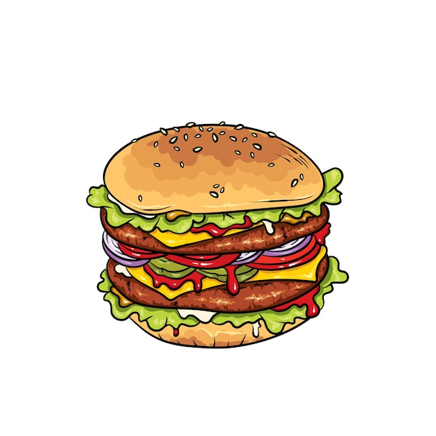 美しいリアルなチーズバーガー。イラストファーストフード。