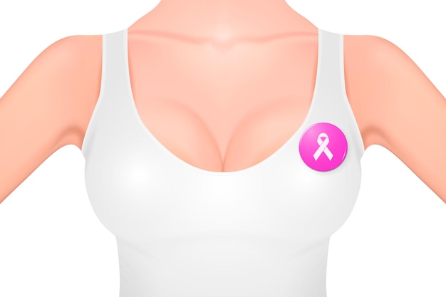 Vector beautiful realistic female breast in a white tank top and button badge with pink ribbon - symbol of breast cancer awareness -close-up isolated on white background. stock vector. eps10 illustration.