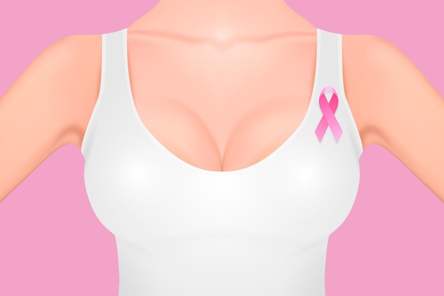 Beautiful realistic female breast in a white tank top with pink ribbon close-up on pink background. design template. breast cancer awareness concept. stock vector. eps10 illustration.