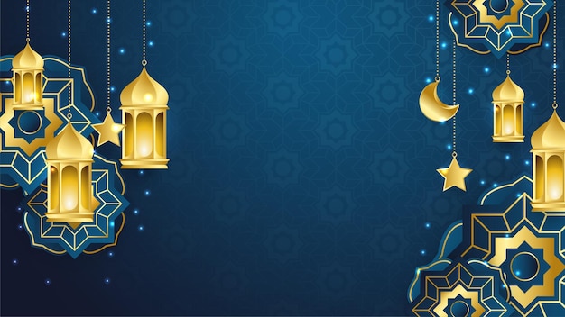 ベクトル ランタンの月と星をぶら下げ曼荼羅パターンと美しい現実的な豪華なブルーゴールドイスラムラマダンカリームデザインの背景