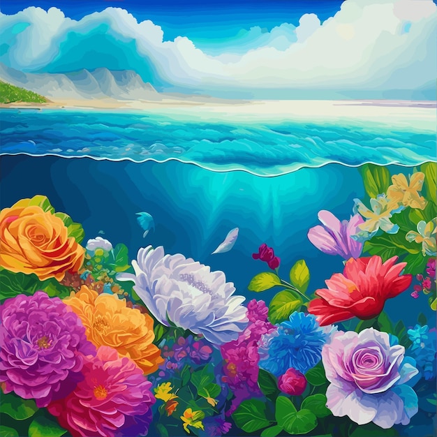 beautiful realistic painting floral pattern rainbow ocean 00