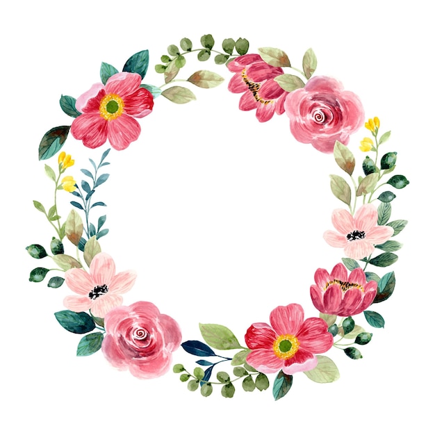 Beautiful red floral wreath with watercolor