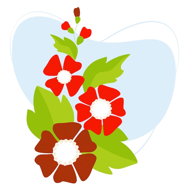 Beautiful red mallow flowers with leaves Vector illustration Botanical bouquet