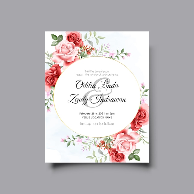 Beautiful red and pink rose illustration wedding invitation template