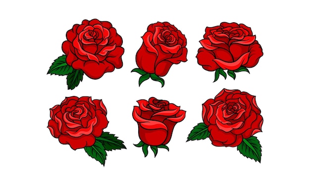 Beautiful red roses in tattoo style bright with yellow shadows green leaves and black outline Old school type Vector illustration set isolated on white background