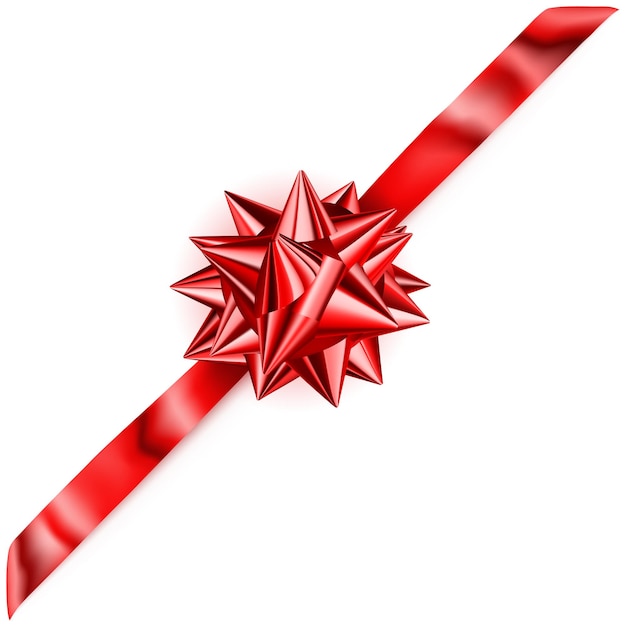 Vector beautiful red shiny bow with diagonally ribbon with shadow