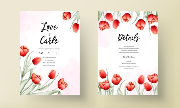 Vettore modello di carta di nozze fiore bellissimo tulipano rosso