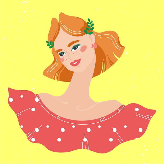 Beautiful redhaired girl in a dress with polka dots Avatar for social network fashion illustration