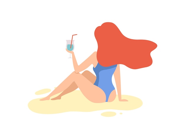 Красивая рыжая девушка в синем купальнике пьет коктейль на пляже Векторная иллюстрация на белом фоне