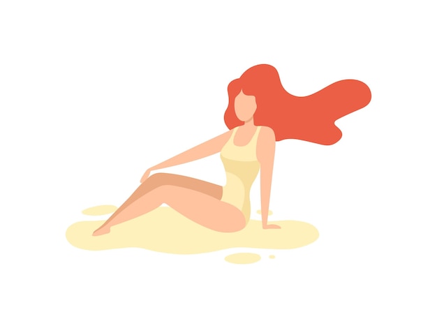 Beautiful Redhead Girl in Swimsuit Sunbathing on Beach on Summer Vacation Vector Illustration on White Background