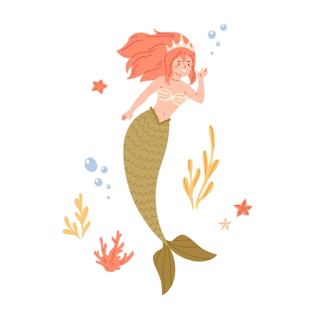 Vector beautiful redhead mermaid with long hair and fish tail. cute underwater fairy princess in shell bra and coral crown. colored flat cartoon vector illustration isolated on white background.