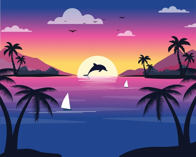 Beautiful and relaxing sunset landscape with dolphin. Pink sky with flying birds. Scenery background