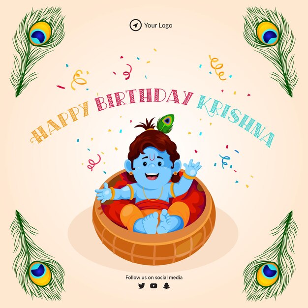 Beautiful religious festival happy Krishna Janmashtami banner design template