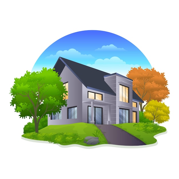 Красивый жилой дом с летним зеленым двором, кустарником, деревьями и голубым небом