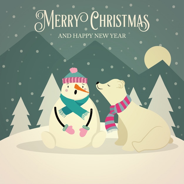 Beautiful retro christmas card with polar bear and snowman