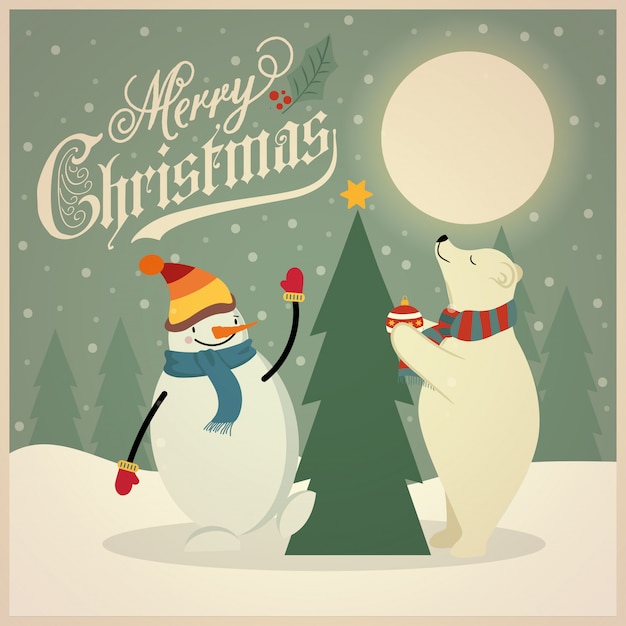 Beautiful retro Christmas card with polar bear