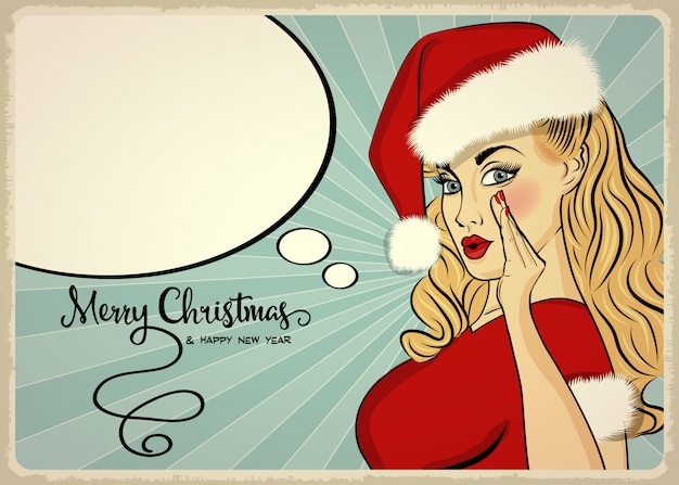 Beautiful retro Christmas card with sexy pin up Santa girl