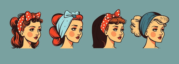 Beautiful retro girls with vintage hairstyle Vector illustration in cartoon style