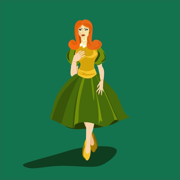 Vector beautiful retro red haired girl in green and yellow dress