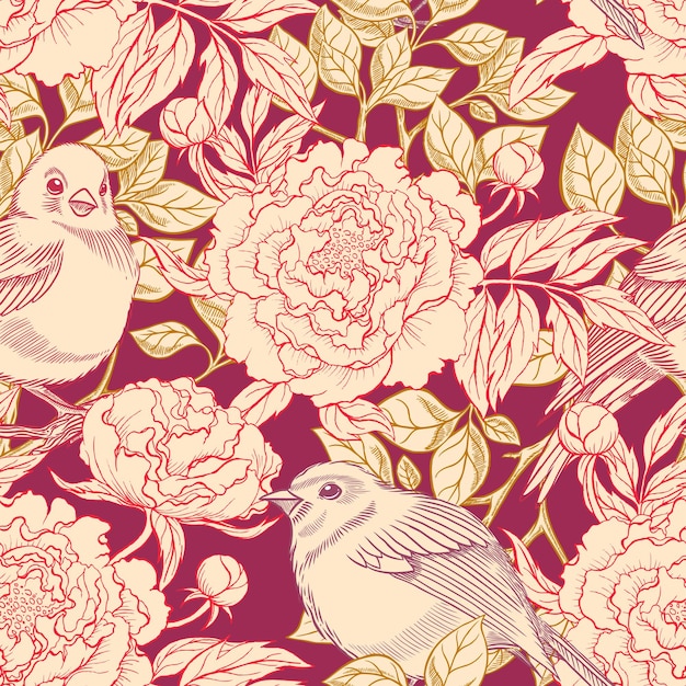 Beautiful retro seamless pattern with birds and blooming peonies