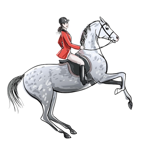 Vector beautiful rider and dapple grey horse on white horseman girl in red jacket on rearing up stallion