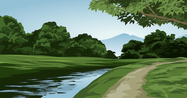 Vector beautiful river and forest scenery. vector nature landscape