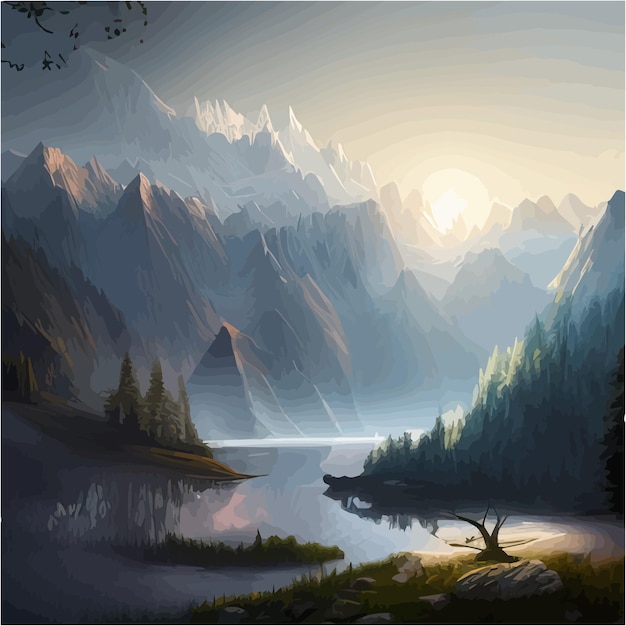 Beautiful river mountain forest landscape sharp mountains river bank and pines vector illustration