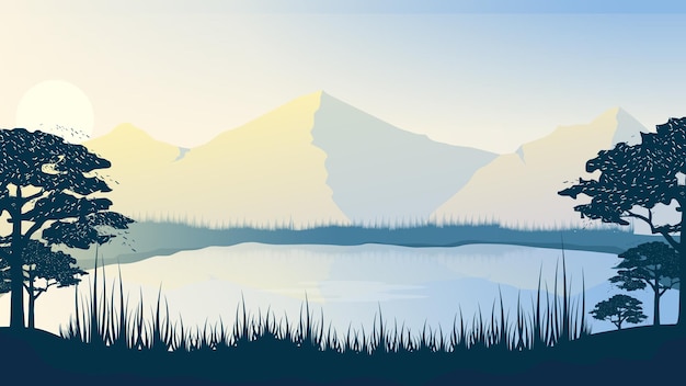 Vector beautiful river panoramic landscape background illustration