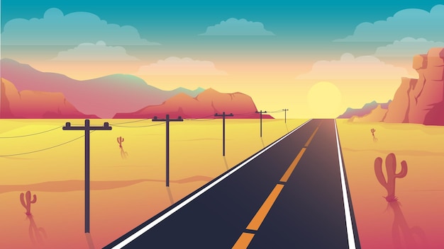 Beautiful road view sunset landscape vector design illustration