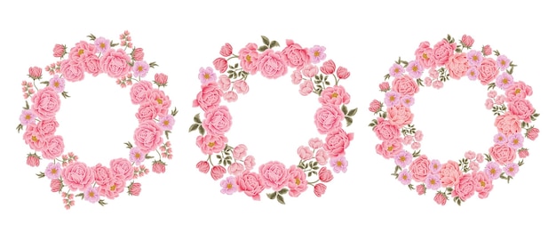 バラ ライラックの花の牡丹と葉の枝で設定された美しいロマンチックな花のフレームの花輪ベクトル