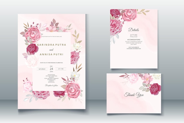 Vettore bella cornice floreale rosa romantica modello di carta di invito a nozze vettore premium