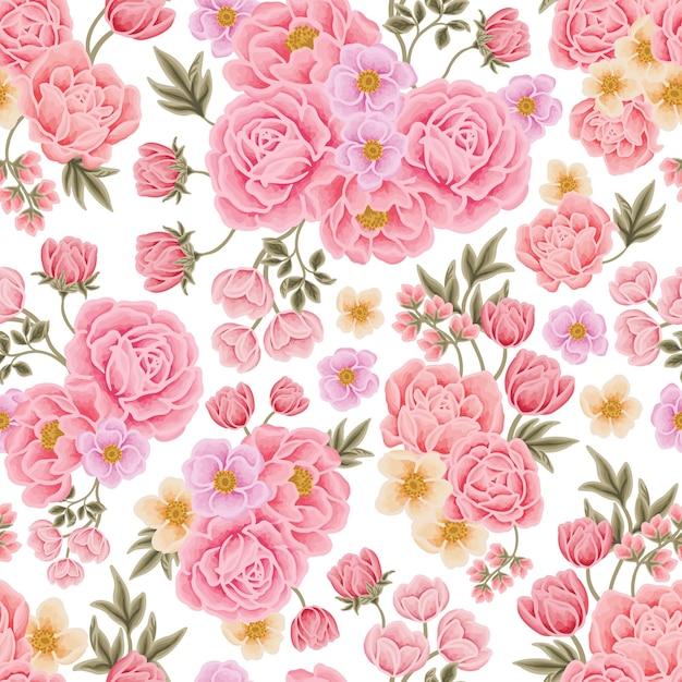 Beautiful romantic vector flower seamless pattern with roses tulip peony floral bouquets