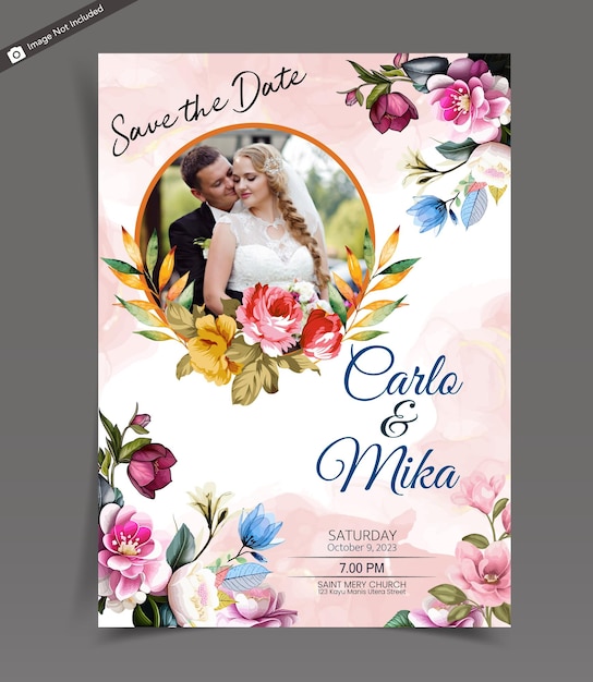 Beautiful romantic watercolor wedding invitation floral and leaves card template